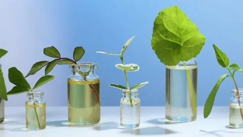 Essential oils with herbs in bottles Video stock 194535396
