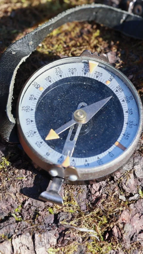 Essential Outdoor Kit: Camo Binoculars And A Compass. The Needle Is Visibly Wave 스톡 동영상 318497828