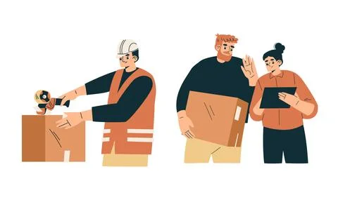 Essential Teamwork for Unpacking and Organizing Boxes A Scene in a Modern Stock Illustration