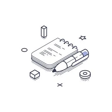 Essential tools for content creation. Featured are a notepad, a pen, and vari Stock Illustration