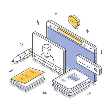 Essential tools for online education, including a tablet, books, and a video  Stock Illustration