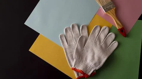 Essential Tools for Painting: paint rollers and tray, brush, masking tape Stock Photos