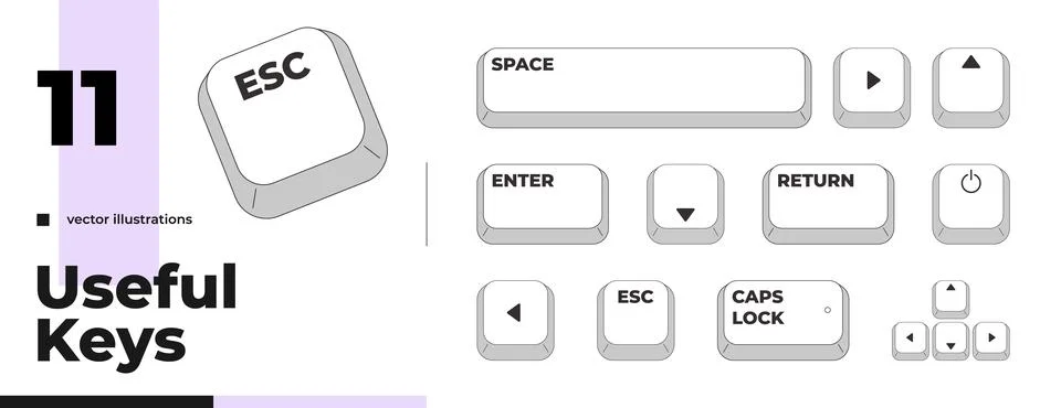 Essential useful grayscale computer keyboard keys pack Stockillustratie