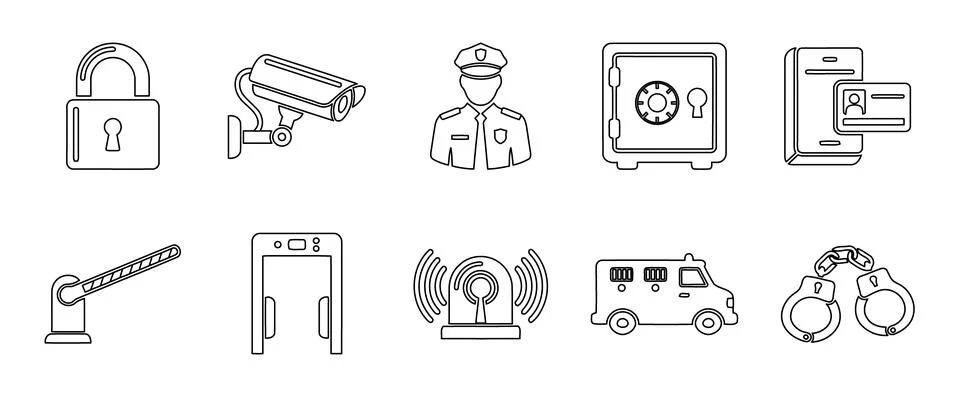 Essential vector icons representing security, surveillance, and law enforce.. Stock Illustration