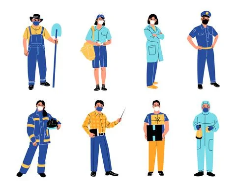 Essential workers. Frontier professions people, main areas specialists Illustrazione stock