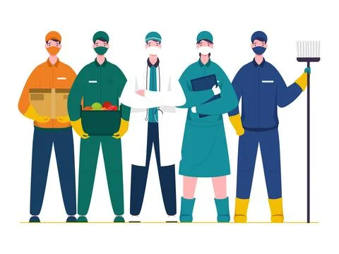 Essential workers who work during coronavirus (covid-19) outbreak such as d.. Stock Illustration