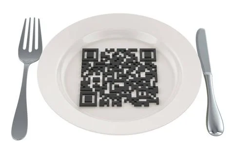 Essteller mit QR-Code, 3D-Rendering Dinner plate with QR code, 3D renderin... Stock-Fotos