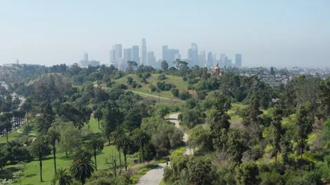 Establish forward moving shot of Los Angeles downtown with trees and hills Stock Footage 273838857