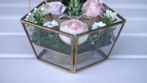 Established Shot of A Pair of Wedding Rings in a Decorated Box Stock Footage 130624615