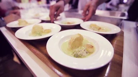 Established Shot of Preparing Asparagus Seafood Soup in The Kitchen Stock Footage 132021964
