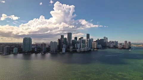 Establishing aerial pull out drone shot of Brickell district in Miami Florida Stock Footage 243111295