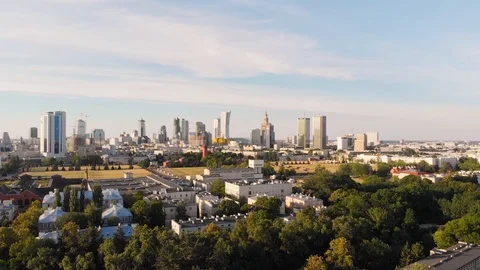 Establishing aerial shot of Warsaw city center in the evening. Stock Footage