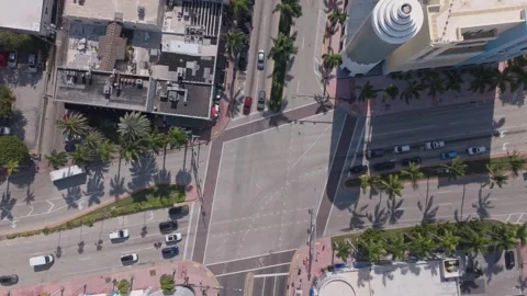 Establishing aerial top down view of Miami South Beach Ocean Drive on sunny day 動画素材 276598742