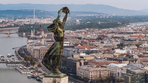 Establishing Aerial View of Budapest Skyline, Statue of Liberty, Citadela Stock Footage