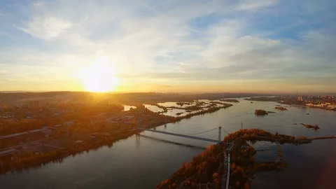 Establishing aerial view of Irkutsk city at sunset in autumn Stock Footage 124685853