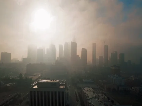 Establishing aerial view of Metropolis urban landmark. Los Angeles Skyline. Stock Footage 80848341
