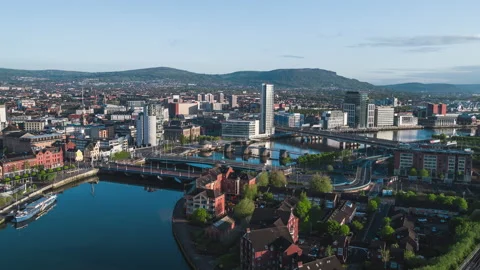 Establishing Aerial View Shot of Belfast UK, Northern Ireland, United Kingdom Stock Footage 196943025