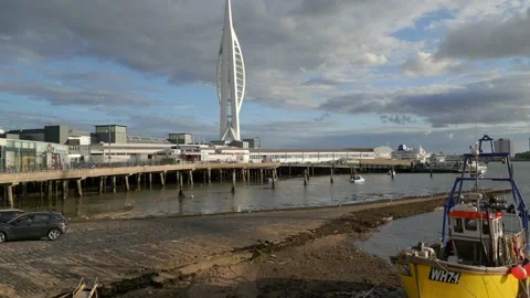 Establishing aerial view of the Spinnaker Tower in Portsmouth UK Stock Footage 202276232