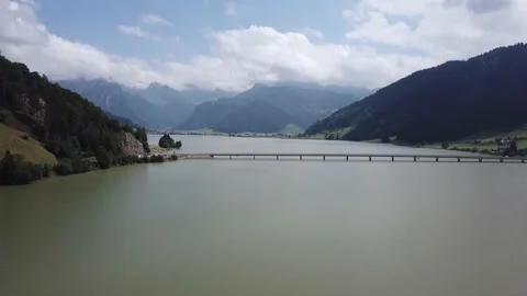 Establishing beautiful mountain range in lake Sihlsee, Switzerland, drone Stock Footage 158365358