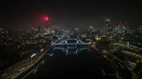 Establishing Bird Eye Aerial View Shot of London Skyline night evening Stock Footage