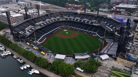 Establishing Drone Shot Above Baseball Stadium in Downtown Pittsburgh at dawn Stock Footage 341701279