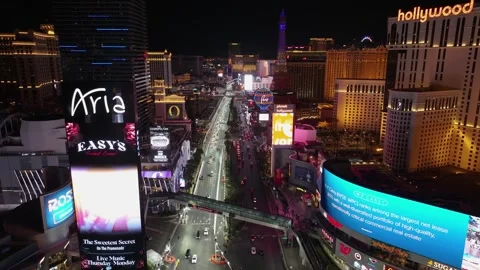 Establishing drone shot flying along the illuminated Las Vegas strip, night in Stock Footage 302195719
