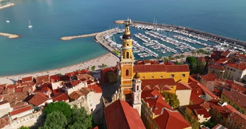 Establishing drone shot on old part of Menton, Provence. Tourist attraction Video stock 305637136