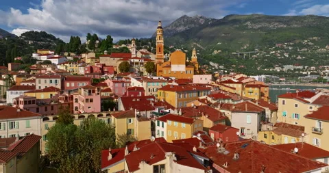 Establishing drone shot on old part of Menton, Provence. Tourist attraction Stock Footage 305637696