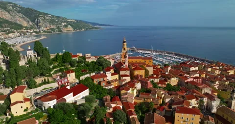 Establishing drone shot on old part of Menton, Provence. Tourist attraction Video stock 305647688