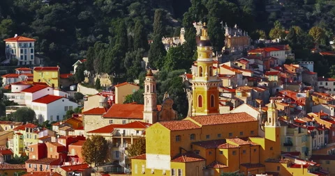 Establishing drone shot on old part of Menton, Provence. Tourist attraction 動画素材 308380369