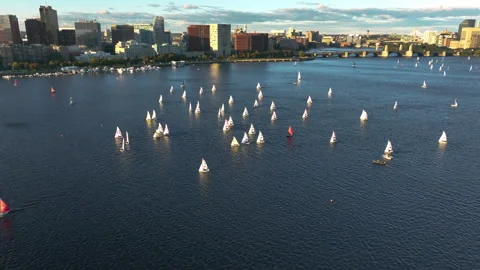 Establishing drone shot of a Sailing Regatta on Charles River, sunset in Boston Stock-Footage 333205842