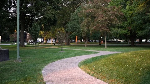 Establishing evening shot of a windy path through a nature park in small town Video stock 80288133