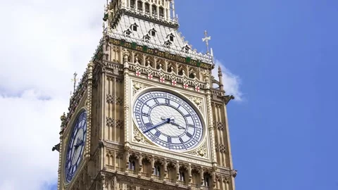 Establishing moving shot of Big Ben tower clock, Palace of Westminster Stock Footage 223603592