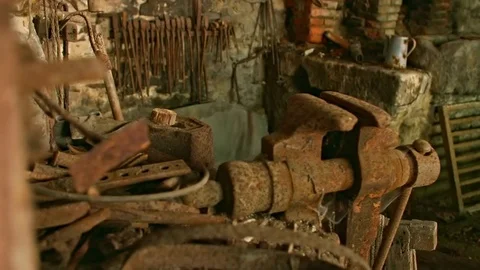 Establishing Pan Shot of an Old Forge Workshop, Stock-Footage 80716704