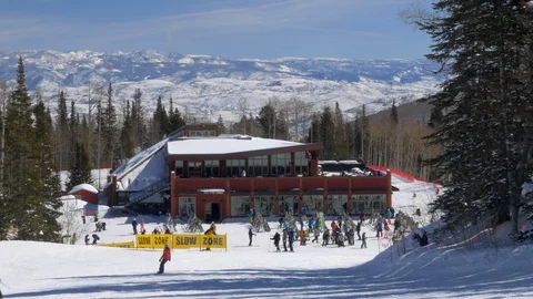 Establishing of Red Pine Lodge at Canyons Village, Park City, Utah. Video stock 108858995