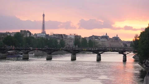 Establishing Seine view and Paris Downtown at Sunset from the river Banks, Stock Footage 161456789