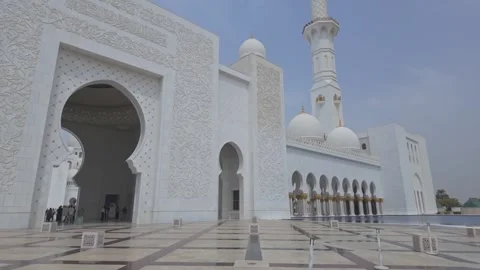 Establishing of Sheikh Zayed Grand Mosque Entrance with Tourists in Abu Dhabi Stock Footage 327330211