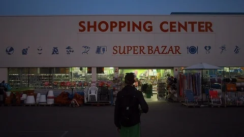 Establishing Shopping Mall Center Bazar Exterior Woman Entering Stock Footage 99351663