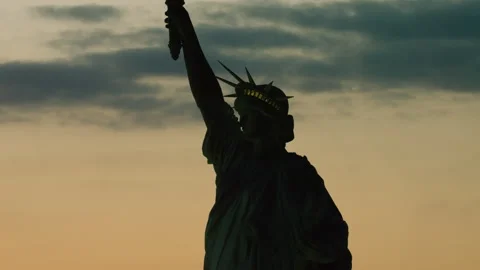 Establishing shot aerial view orbiting the Statue of Liberty on the East River, Stock Footage 199459375
