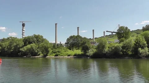 Establishing shot: Approaching the construction site of the Hochmosel Bridge Stock Footage 52925819