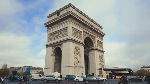 Establishing shot of Arc de Triomphe on daytime. panning left to right Stock Footage 44345529