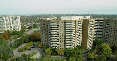 Establishing shot of building complex on a hazy day. Stock Footage 81410882