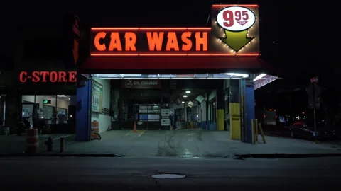 Establishing shot of a car wash at night Stock-Footage 262388053