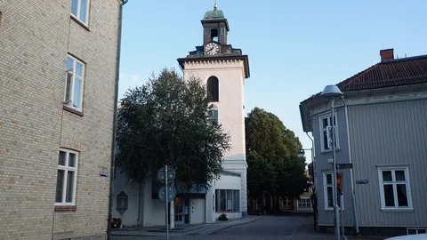Establishing shot of Christinae Church in Alingsas Sweden Stock Footage