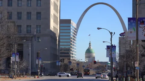 OverflightStock™  Night View of Busch Stadium and Gateway Arch St Louis  Missouri Aerial Stock Footage