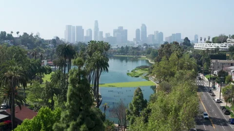 Establishing shot of Echo Park Los Angeles downtown California cityscape Stock Footage 273838560
