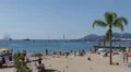 Establishing Shot French Riviera Cannes Sandy Beach People Sunbathing Swim Day HD Footage