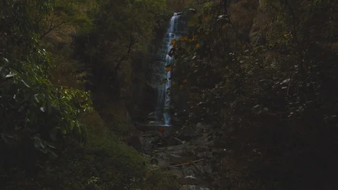 Establishing shot of man sitting in front of beautiful waterfall hidden in fo Video stock 87294978