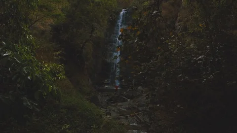 Establishing shot of man standing in front of beautiful waterfall Video stock 87296404