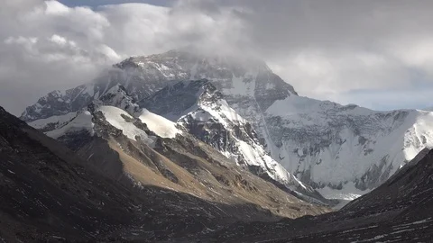 Establishing shot of mountain valley Mount Everest from base camp in Tibet Stock-Footage 113018809